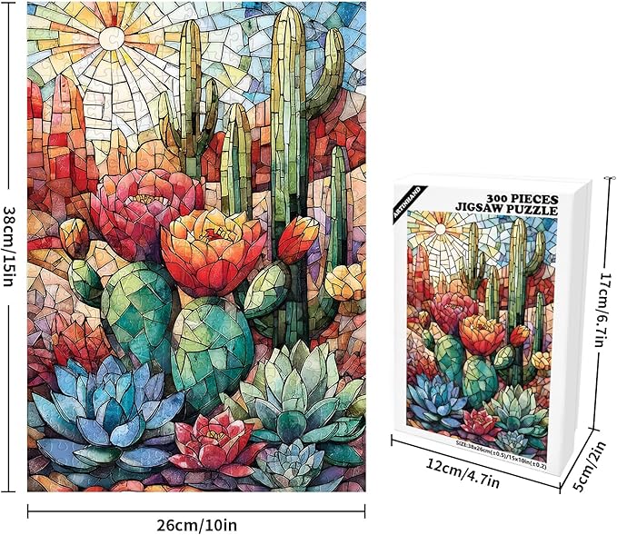 Great Jigsaw Puzzles for Adults 300 Pieces Stained Glass Cactus Puzzles for Adults Toys Gift Family Decoration Kids Puzzle