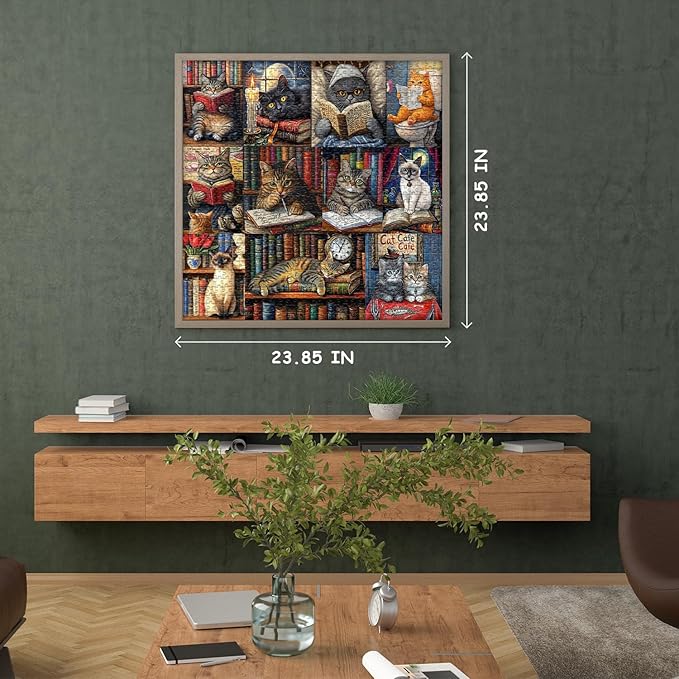 Vintage Cat Puzzles for Adults 1000 Pieces，PICKFORU Retro Cat Library Themed, Book Kitten Bookshelf Jigsaw Puzzles Collage Challenge