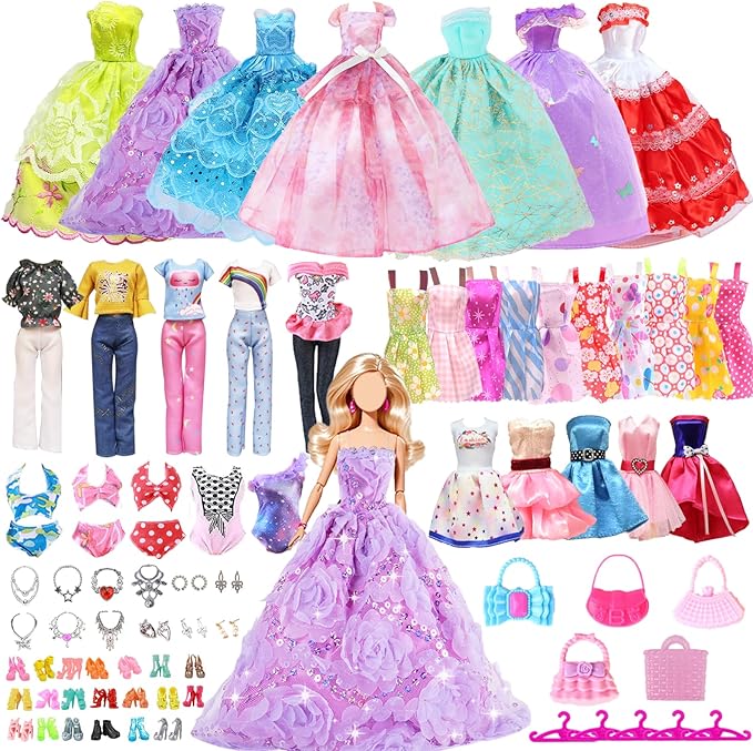 65 PCS Clothes and Accessories Including 5 Wedding Gown Dresses 10 Slip Dress 2 Fashion Dresses 2 Tops 2 Pants 2 Bikini 20 Shoes 22 Accessories for 11.5 Inch Girl Dolls in Random, for Girls