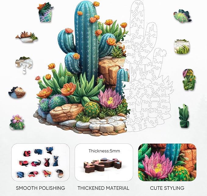 Delobil Succulent Cactus Wooden Puzzles for Adults, 500 Pieces Jigsaw Puzzles, Unique Shaped Wood Puzzle Gift for Adults and Kids, Family Game 16.7'' x 16.2''
