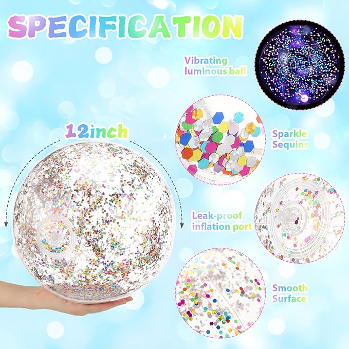 12 Pack 12 Inch Glow in The Dark LED Beach Ball Jumbo Confetti Glitters Inflatable Ball Swimming Pool Game for Party Pool Summer
