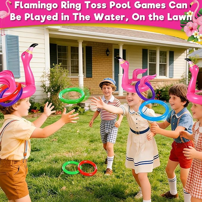 Camlinbo 15 Pcs Inflatable Flamingo Pool Toys Ring Toss Pool Game, Flamingos Luau Party Decor Hawaiian Beach Toys Carnival Outdoor Luau Party Games Supplies for Adults Family
