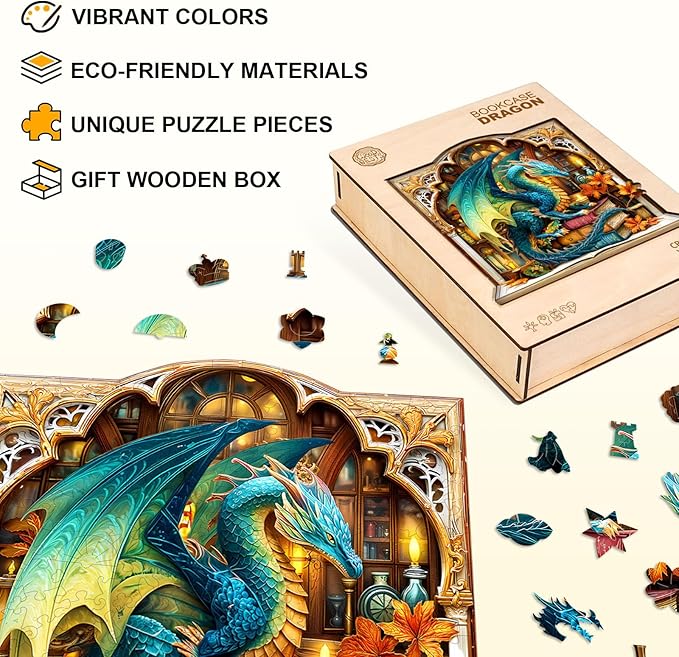 Wooden Puzzles for Adults, Bookcase Dragon Jigsaw Puzzles, 300 Piece Unique Shaped Puzzle, Animal Theme Shape Puzzle, Gifts for Adults/Friends/Family, Family Game，Wall Decor(13.2 * 12.9in)
