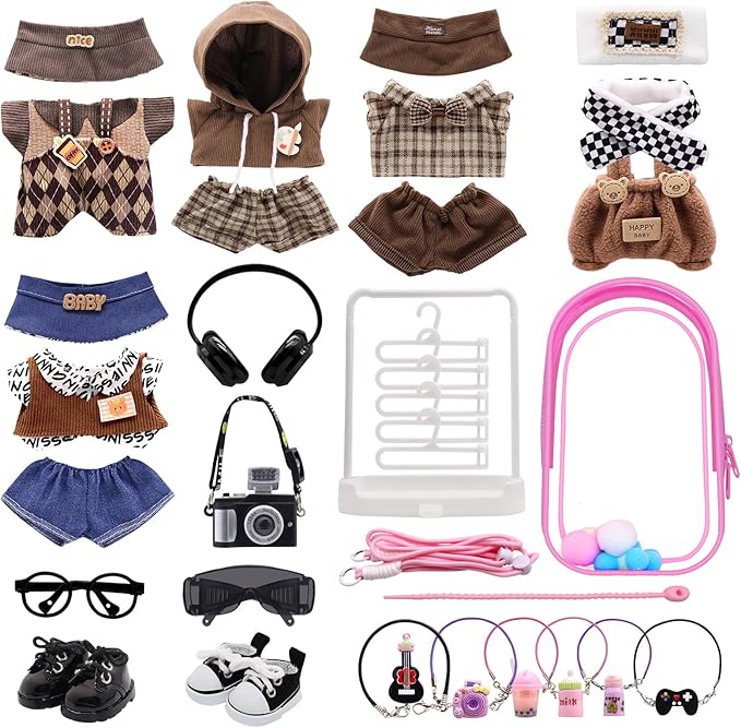 Clothes for Labubu, 23-piece Clothes and Accessories Set Designed for Labubu Doll Clothes, Includes Display Bag, Clothes Rack, Headphones, Camera, Glasses, Shoes, and 6 Mini Accessories - Style D