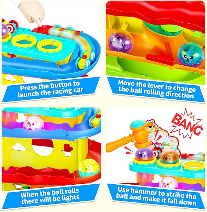 Funwee 2-in-1 Rolling Ball & Racing Car Ramp Toy for Toddlers, Race Track Hammer Lights Ball Drop, Interactive Montessori Learning Game Birthday Gift Idea for Kids 1 2 3 4 5+Year Old Girl Boy(Yellow)