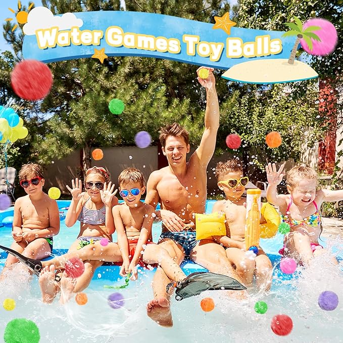 100PCS Reusable Water Balls,Outdoor Water Balloons for Kids,Water Games Toys Sponge Soaker Ball for Boys,Girls,Summer Backyard,Pool Party,Fun Lawn,Beach(7 Colors)