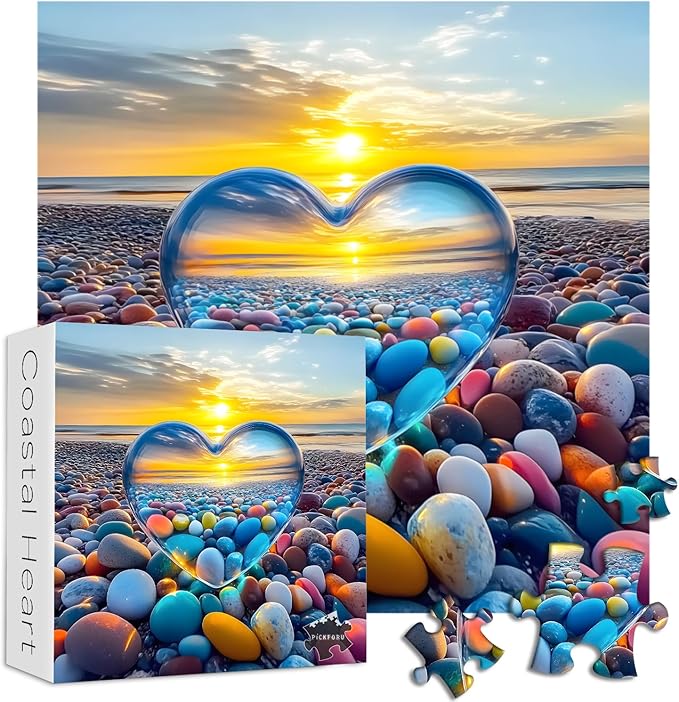 Crystal Heart Puzzles for Adults 1000 Pieces, PICKFORU Colorful Summer Beach Sunset Jigsaw Puzzles, Difficult Love Cobblestone Theme as Home Decor