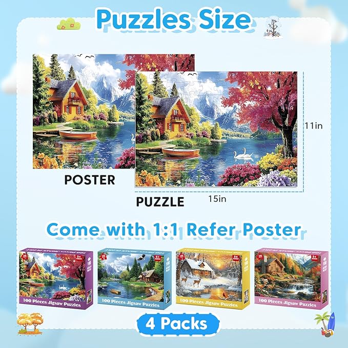 4-Pack 100 Piece Puzzles for Adults 4 Seasons Country Cottages Large Piece Puzzles for Seniors Dementia Alzheimer's Products Activities for Elderly Adults Kids Puzzle for Kids Ages 6-8 8-10