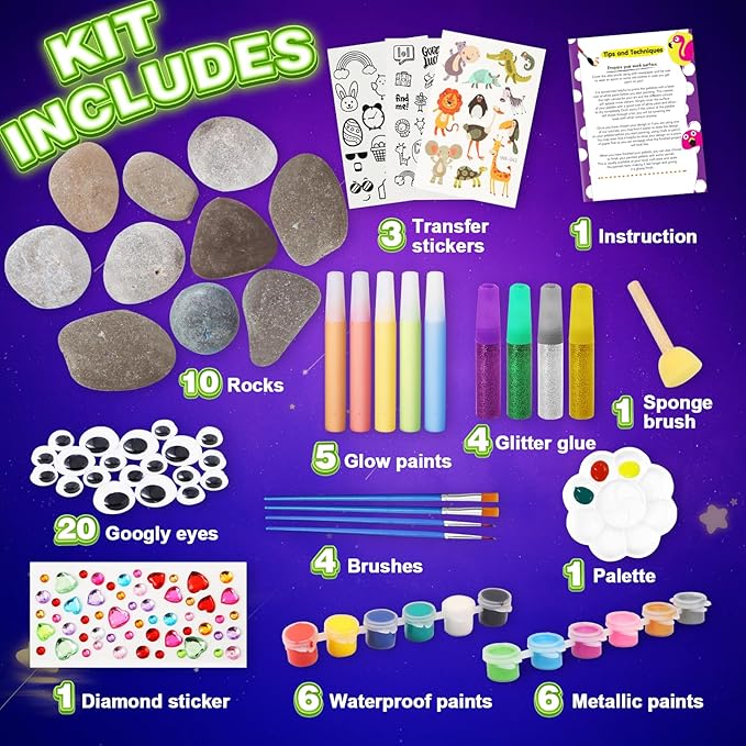 Rock Painting Kit for Kids - Glow in The Dark, Arts and Crafts Gift for Boys Girls Ages 4-12, Craft Kits Art Supplies for Kids Activities, Creative Art Toys Age 4, 5, 6, 7, 8, 9, 10, 11, 12