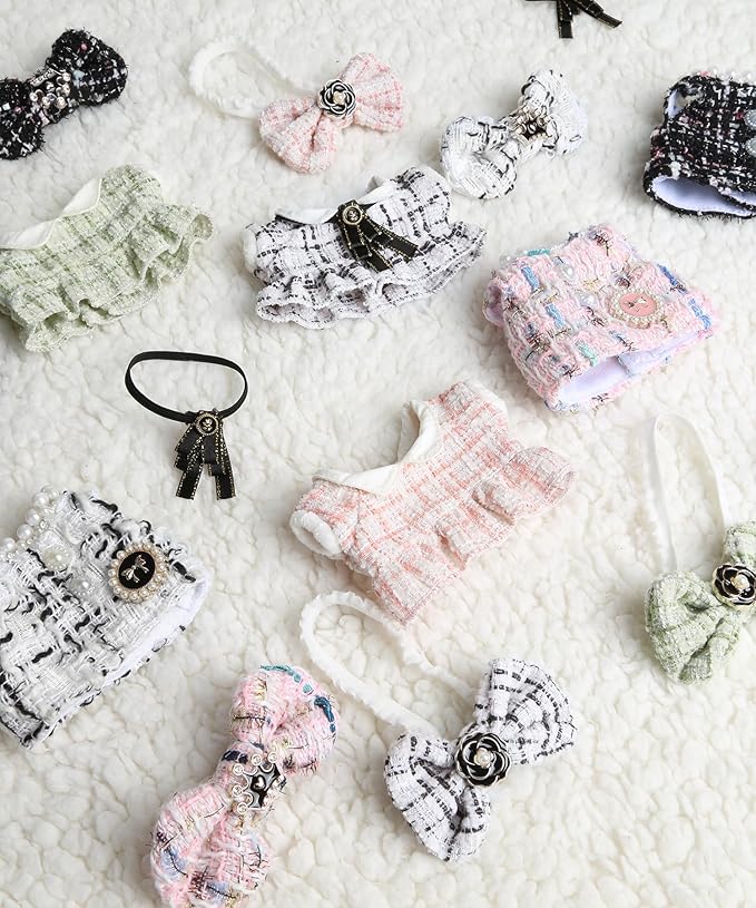 17cm Doll Clothes for Labubu - Luxury Chic Style Set for 17cm Dolls Outfit - Accessories for Dolls Clothes -Black Plaid Tweed Dress + Black Bow (No Doll)