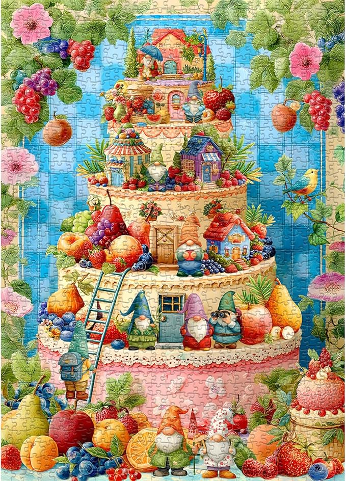 Funny Gnome Puzzles for Adults 1000 Pieces, Cute Gnomes Cake Food Fruit Flower Puzzle, Colorful Floral Challenge Jigsaw Puzzle