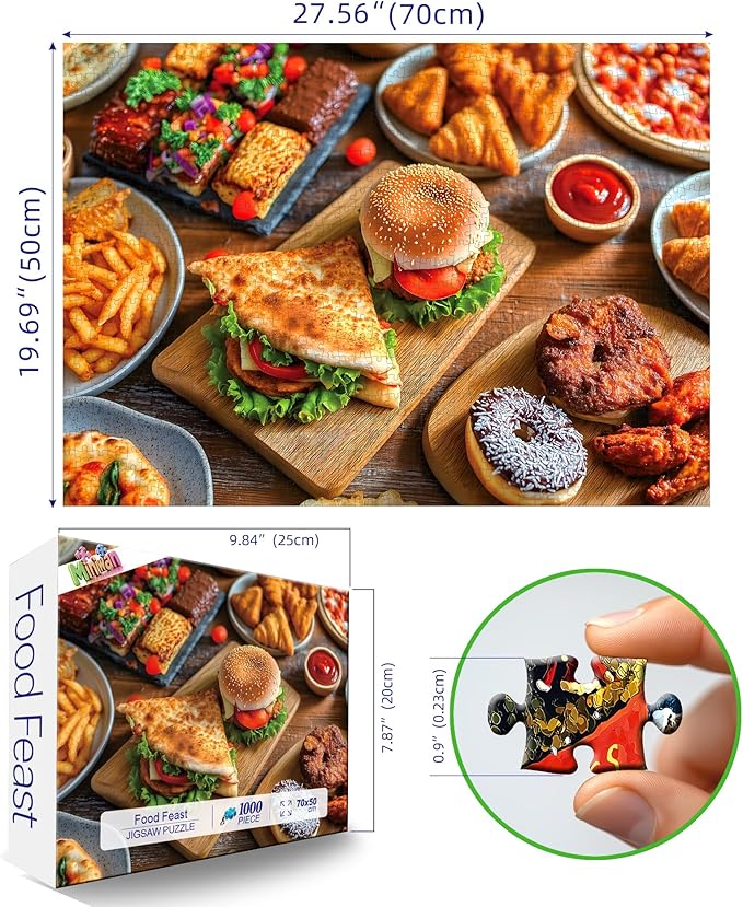 Delicious Food Feast 1000 Piece Puzzle for Adults, Fun Puzzles for Adults 1000 Pieces with HD Print & Poster, 27.5 * 19.7 in Dust Free, for Gifts Halloween Christmas Family Games Lovers
