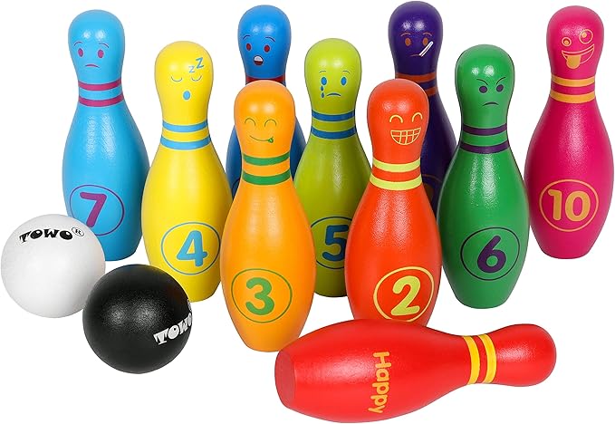 TOWO Wooden Skittles for Children - Skittle Set with 10 Facial Expressions and Numbers - 10 Pin Bowling Set for Kids Garden Toys- Wooden Toys for 2 Year Old