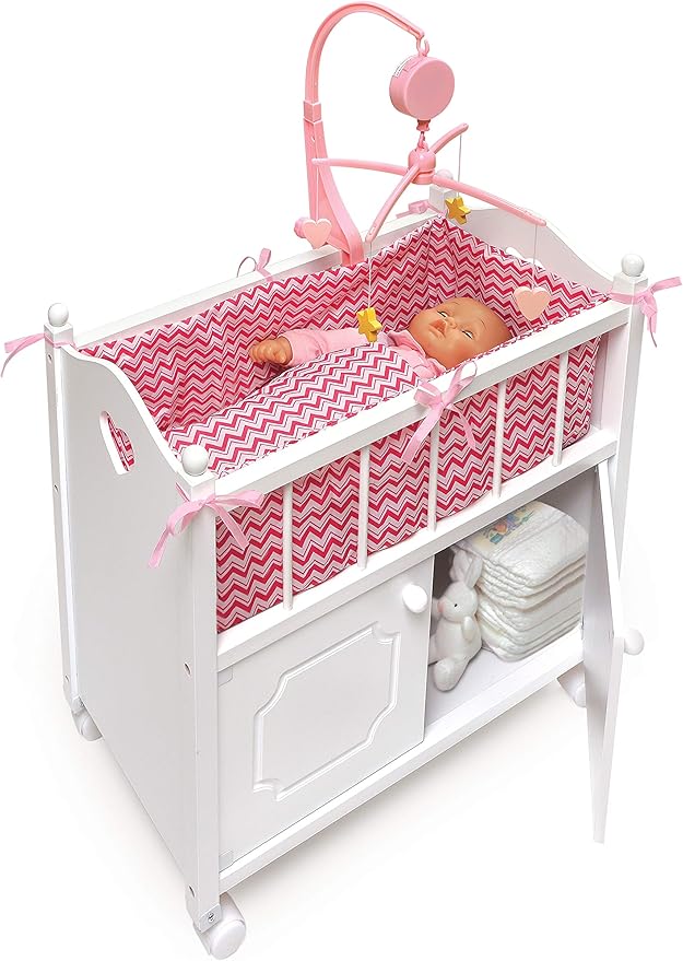 Badger Basket Wooden Toy Doll Bed with Storage, Mobile, and Bedding - Includes Wheels and Free Personalization Kit to Pretend and Play - White with Pink Chevron Fabric
