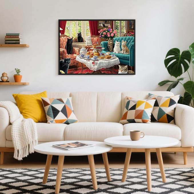 Cat Afternoon Tea Puzzles for Adults 1000 Pieces, Vintage Cat Jigsaw Puzzle with Letters on Back, 28x20 Inch Wall Art, Hard Challenging Family Game, Easter