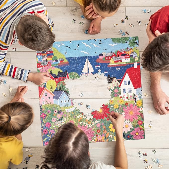 Jigsaw Puzzles for Adults 1000 Pieces, Peaceful Art Colorful Square Challenging Game for Family Activity Home Decor, 22.5x22.5 Inches, Seaside Town
