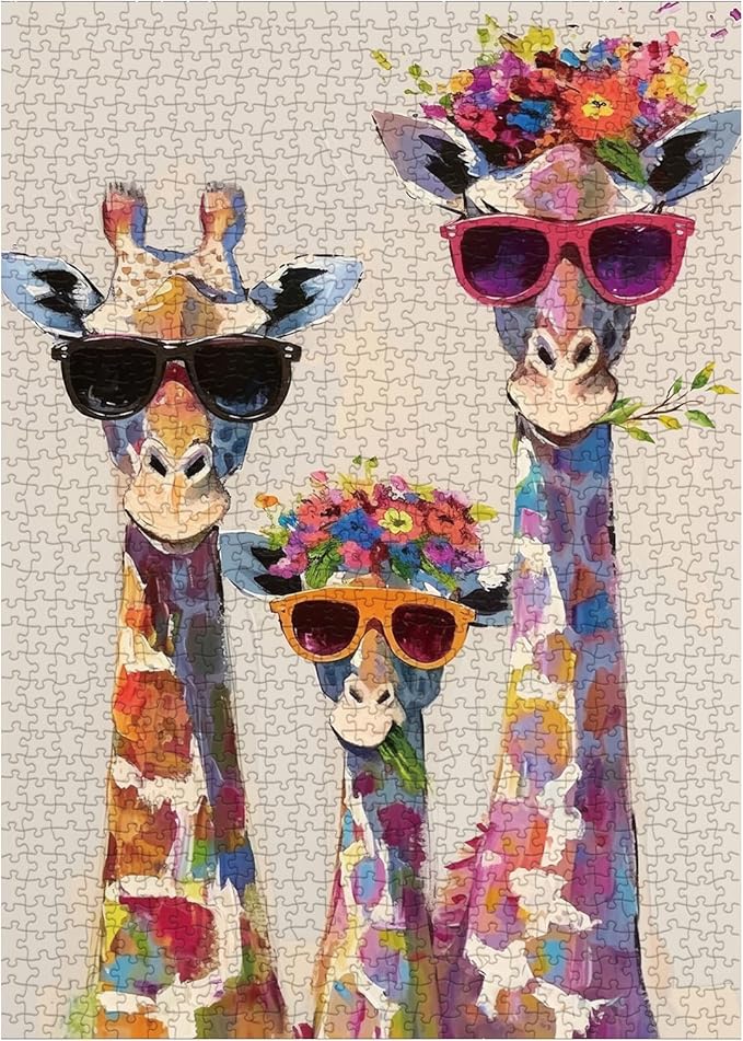 Cool Giraffe Family Puzzles for Adults 1000 Pieces, Funny Wildlife Art Jigsaw Puzzles, Cute Cartoon Puzzles