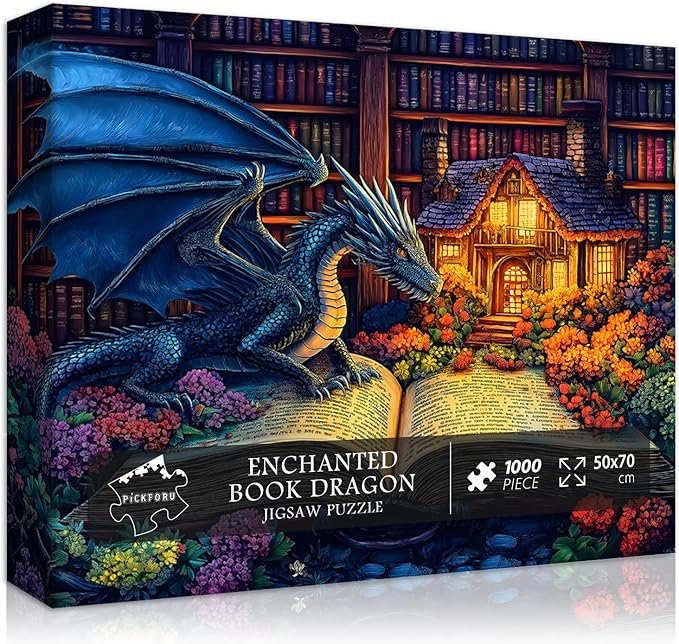 Dragon Puzzles for Adults 1000 Pieces, Magic Dinosaur Library Book Nature Garden Flower Themed, Fantasy Animal Wildflower Challenge Jigsaw Puzzle