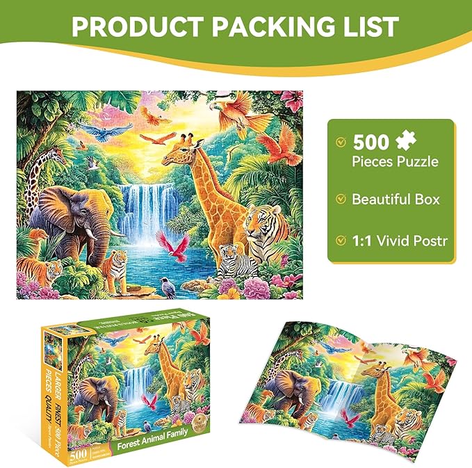 500 Piece Puzzle for Adults, Rainforest Animals Jigsaw Puzzle, Challenging Nature Puzzle Game, Recycled Cardboard, Home Wall Art Decor, Birthday Gift for Teens, Adults, Seniors – 20.5 x 15 Inch
