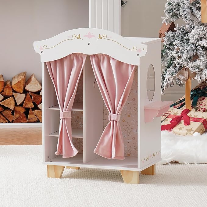 ROBUD Wooden Play Armoire Closet for Dolls, Doll Closet Furniture Wardrobe with 5 Hangers, Mirror, Velvet Curtains, Fits 16–20 Inch Dolls & Doll Clothes, Gift for Boys & Girls Ages 3+