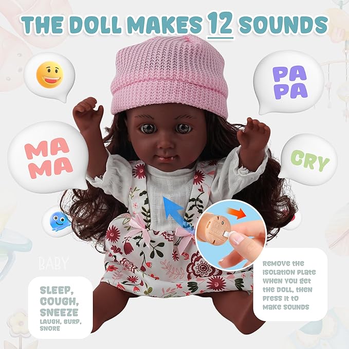 SMILESSKIDDO Baby Doll, 12 inch Black Interactive Talking Doll with Hair, Mirror, Comb Accessories, Soft Vinyl Body & Sounds – Perfect Pretend Play Toy for Toddlers Girls 2 3 4 5 6
