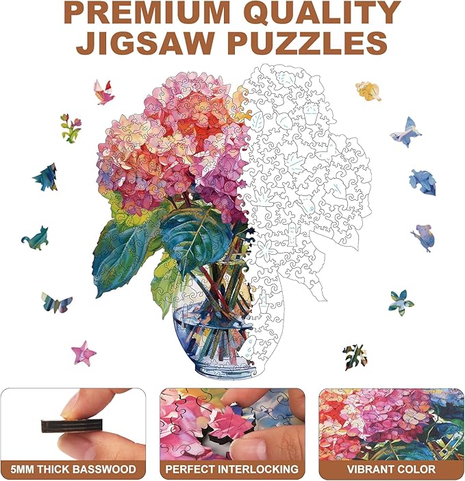 300 Pieces Flowers Wooden Puzzles for Adults, Hydrangea Unique Shaped Wooden Jigsaw Puzzles for Adults, Irregular Adult Wood Puzzle Creative Gift for Family Game