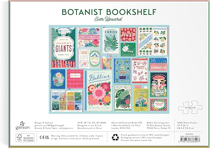 Galison Ever Upward Botanist Bookshelf – 1000 Piece Jigsaw Puzzle Featuring Beautiful Artwork of A Floral Planting Themed Books in A Collage