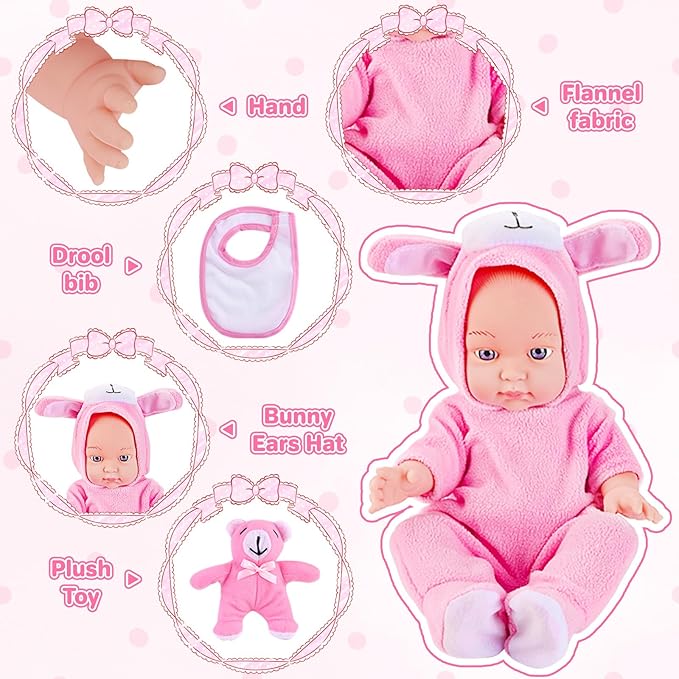 deAO 13'' Baby Doll Playset with Bassinet Carrier Bed Baby Doll Accessories Including Pillow Clothes Pacifier Pretend Play Set Gifts for Girls Ages 3+