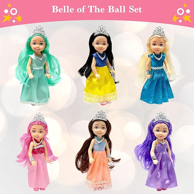 Little Dolls Set with Mini Princess Dolls for Girls – Princess Toy Dolls for Dollhouse –Small Doll Mini Princess Figures with Tiaras, Hair Accessories