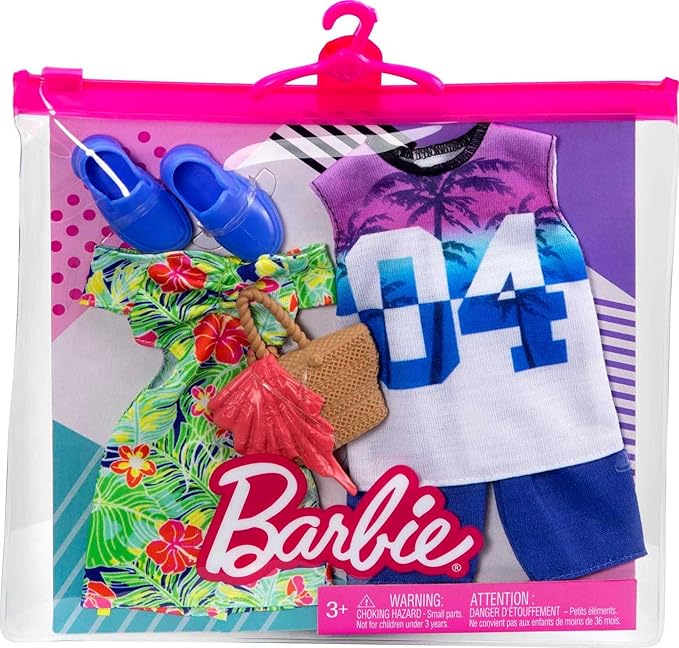 Barbie & Ken Fashions 2-Pack Clothing & Accessories Set, 1 Tropical Dress & Tote for Barbie Doll & 1 Tropical Shirt & Shorts Outfit with Shoes for Ken Doll