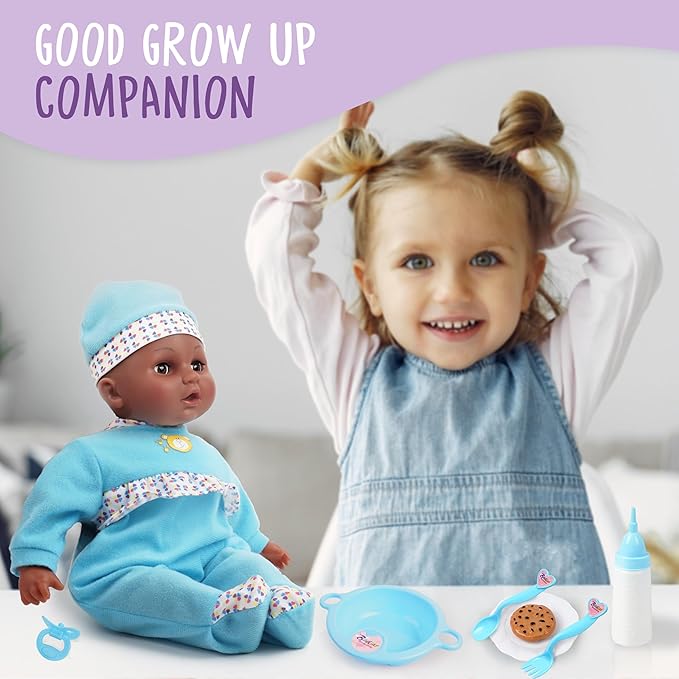 Toy Choi's Interactive Baby Doll Blue - 16 Inch Crying Talking Feeding Dolls with Different Sounds and Accessories, Pretend Play Preschool Toys for 2 3 4 5+ Year Old Girls Boys Gift, Black Doll