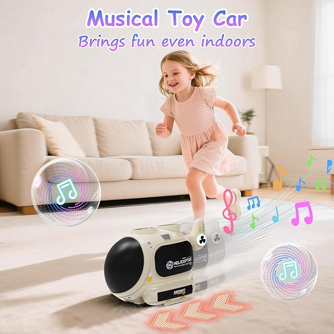 4-in-1 Music Jumping Toy Car,Dual Rotating Poles for Jumping & Dodging,Auto Flying Disc Launcher with Catching Net,Spinning Pole for Ring Toss,Kids outdoor toys,Games for Kids Boys and Girls (White)