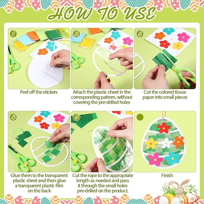 24 Pack Easter Suncatcher Craft Kit Easter Window Art Kit Bunny Carrot Egg Crafts Window DIY Tissue Paper Suncatcher Decoration Ornament for Classroom Art Party Favor Supplies
