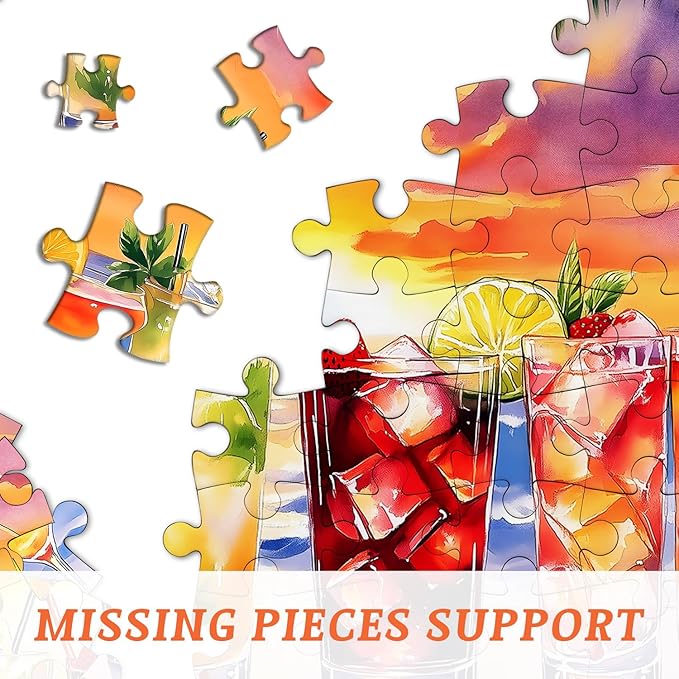 Summer Beach Puzzles for Adults 1000 Pieces, PICKFORU Colorful Seaside Holiday Jigsaw Puzzles Sunset Scene, Impossible Challenging Rainbow Drinks Theme as Home Decor