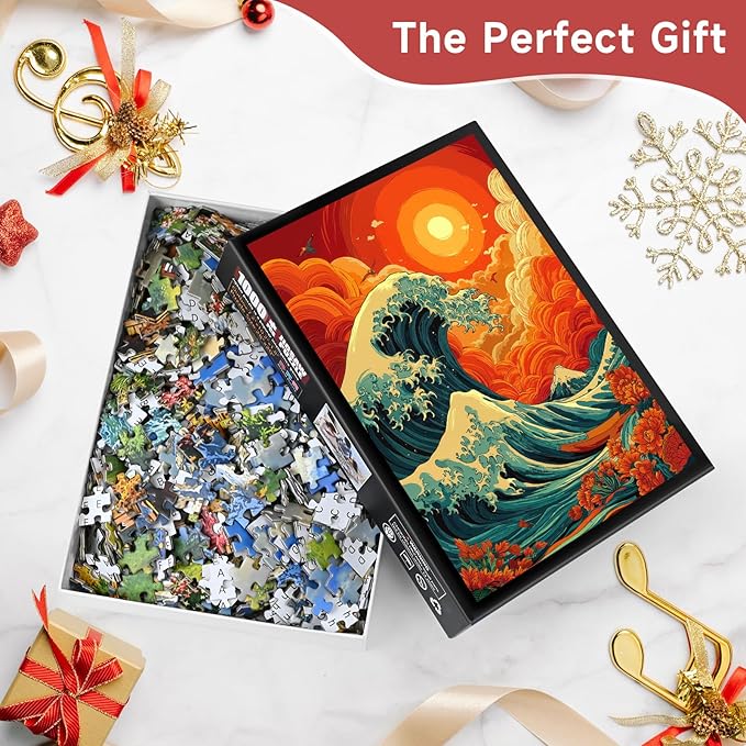 Japanese Great Wave 1000 Piece Puzzle for Adults - Ukiyo-e Style Wave & Red Sun Mountain Art, Poster & Lettered Back, 20"x28" HD, Gift for Japanese Art & Nature Lovers