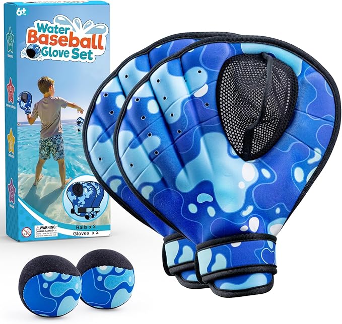 Ayeboovi Water Baseball Gloves Bouncing Ball Set for Beach Toys Pool Games,2 Baseball Style Glove for Catch Skipping Ball, Birthday Gift for Boy Girl Kid Age 8-12 & Adult Teen, Blue