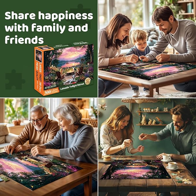 300 Piece Puzzles for Adults, 300 Piece Puzzles for Adults Large Piece, Lake Sunset Dogs Campfire Jigsaw Puzzle Funny Gift for Adult Kids Challenging Family Games Toy, 20.5 X 15 in