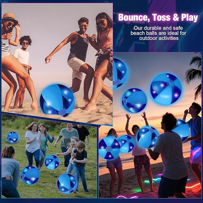 12 Pcs Light up Beach Balls 16'' Jumbo Pool LED Balls Glow in the Dark Neon Giant Inflatable for Summer Hawaiian Tropical Theme Beach Party Decor Water Accessory (Blue)