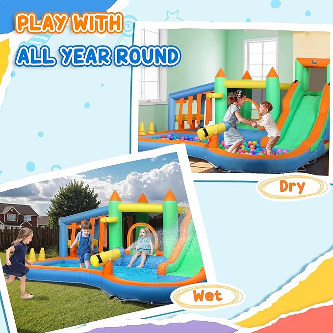 Qaba Inflatable Water Slide with Large Splash Pool, 8 in 1 Bouncy House Water Park with 550W High Power Blower, Ball Pit, Water Cannon, Climbing Wall, Toss Ring, Basketball Hoop