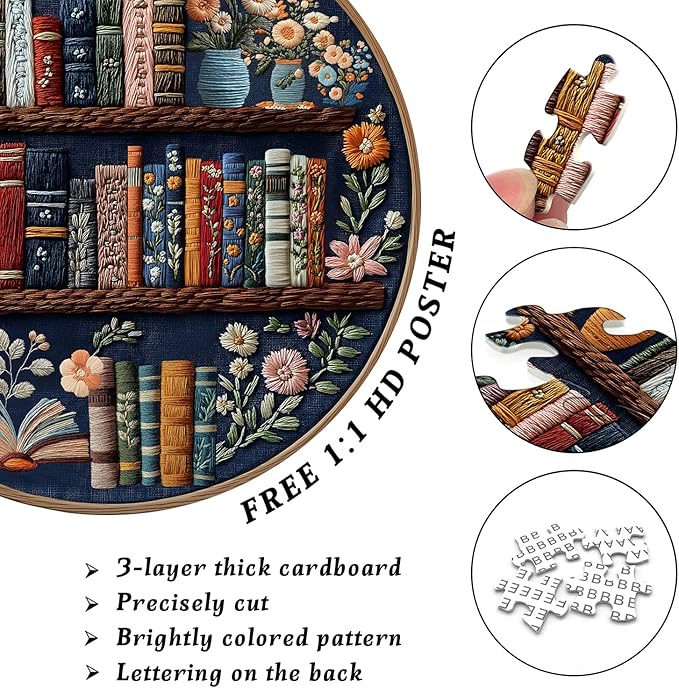 PICKFORU Blooming Bookshelf Puzzles for Adults 1000 Pieces, Round Book Flower Puzzle Library, Wildflower Pages Jigsaw Puzzles, Circle Vintage Floral Plant Embroidery Aesthetic Challenging