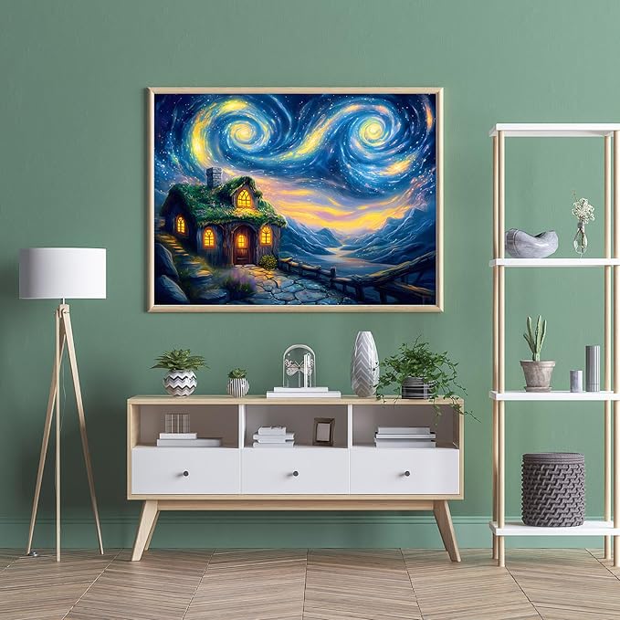 Puzzles for Adults 500 Pieces, Starry Night Jigsaw Puzzles 500 Pieces - Starry Cottage, Cottage Landscape Puzzles, Finished Size 20.47 * 14.96”, with 1:1 Poster, Letter on The Back
