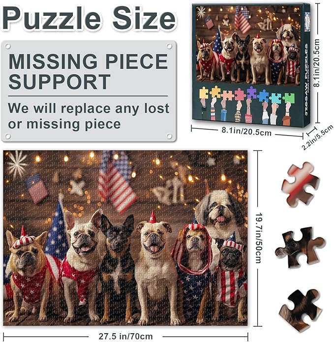 A Group of Dogs Puzzles for Adults 1000 Pieces, American Flag Jigsaw Puzzles, Adult Puzzle for Adults, Educational Fun Games or Toys for Elders Friends 20X27 INCH