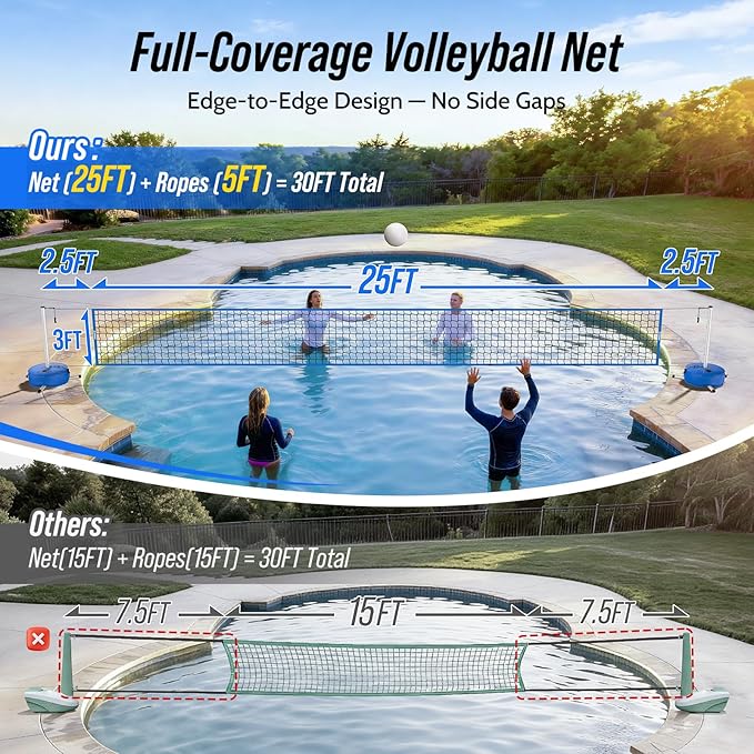 Pool Volleyball Net Set for Inground/Above Ground with Adjustable 15-30FT Length, Pool Games for Adults and Family, Poolside Volleyball Nets with Ball, Pump, Heavy Duty Poles, Weighted Base