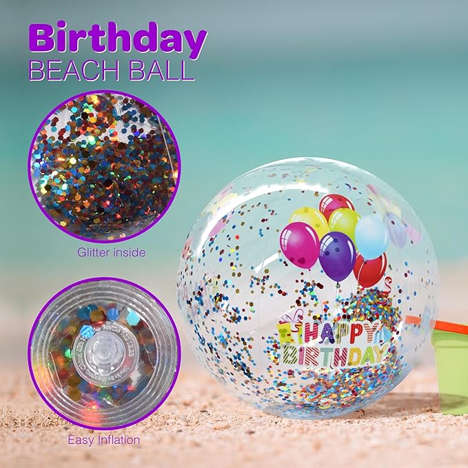 4E's Novelty 22 Inch Large Happy Birthday Beach Ball with Glitter Inside, for Pool Birthday Decorations Supplies, Outdoor Yard Games, Inflatable Pool Toys for Kids Adults