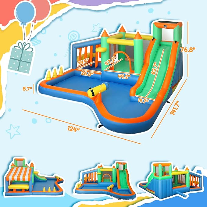 Qaba Inflatable Water Slide with Large Splash Pool, 8 in 1 Bouncy House Water Park with 550W High Power Blower, Ball Pit, Water Cannon, Climbing Wall, Toss Ring, Basketball Hoop