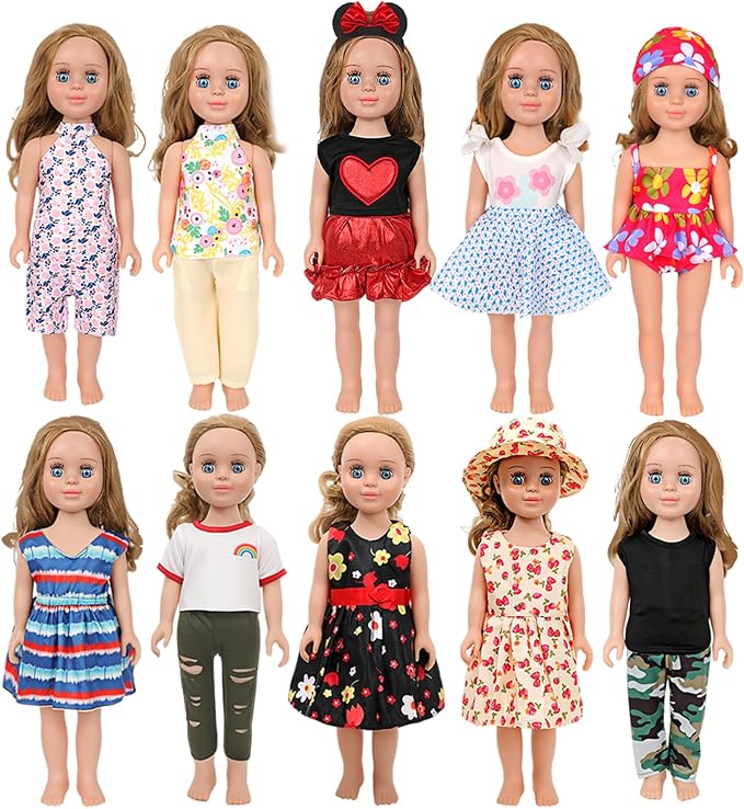 MSYO 10 Sets (18 Pcs) Doll Clothes for 17-18 Inch Dolls, Diverse Outfits (Floral Dress, Heart Print, Rainbow Shirt) & Casual Wear, Fashion Dress-Up Set