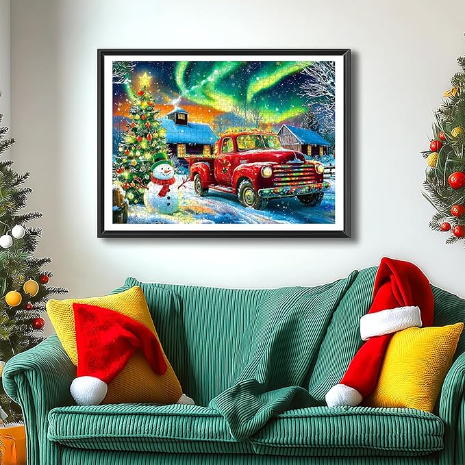 Winter Christmas Holiday Puzzle 1000 Pieces for Adults, Snowy Village Scene with Classic Red Car, Snowman, Cozy Christmas Jigsaw Puzzle for Family Gatherings