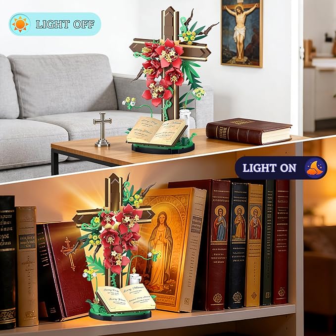 Jesus Cross Flower Building Set, Religious Cross Collectibles Jesus Catholic Building Toys, Christian Crucifix Floral Decor Display, Easter, Christian, Birthday Gift for Kids, Women & Adults (381 PCS)