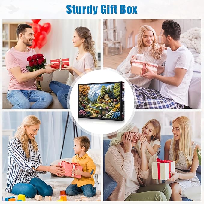 1000 Piece Jigsaw Puzzle for Adults, Mountain Cabin Landscape with Stream & Flowers, Back with Letters, Ideal for Home Decor & Puzzle Lover Gifts