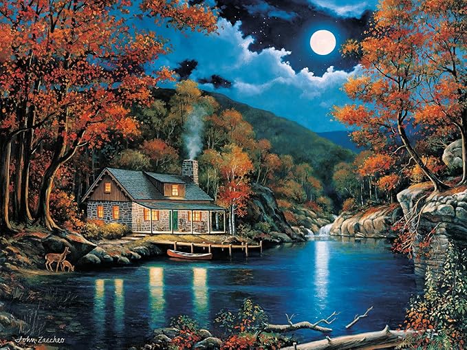 Bits and Pieces - 300 Piece Jigsaw Puzzle for Adults - 18" x 24" - Cabin by The Lake - 300 pc Large Piece Autumn Fall Nighttime Jigsaw by John Zaccheo